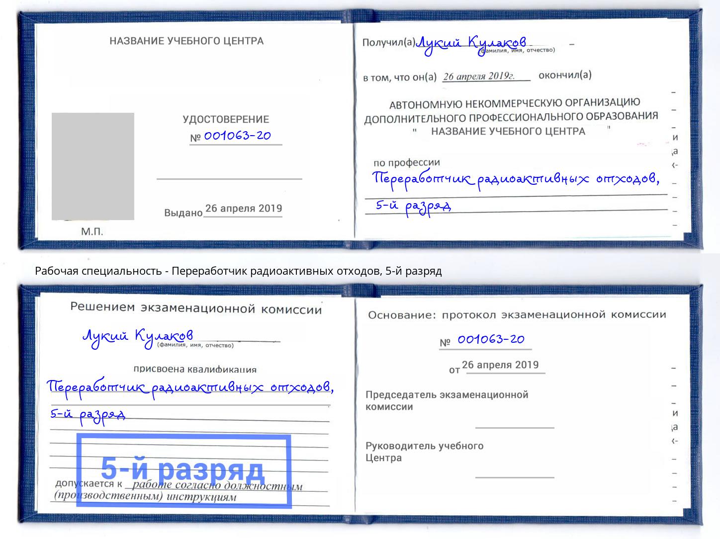 корочка 5-й разряд Переработчик радиоактивных отходов Троицк