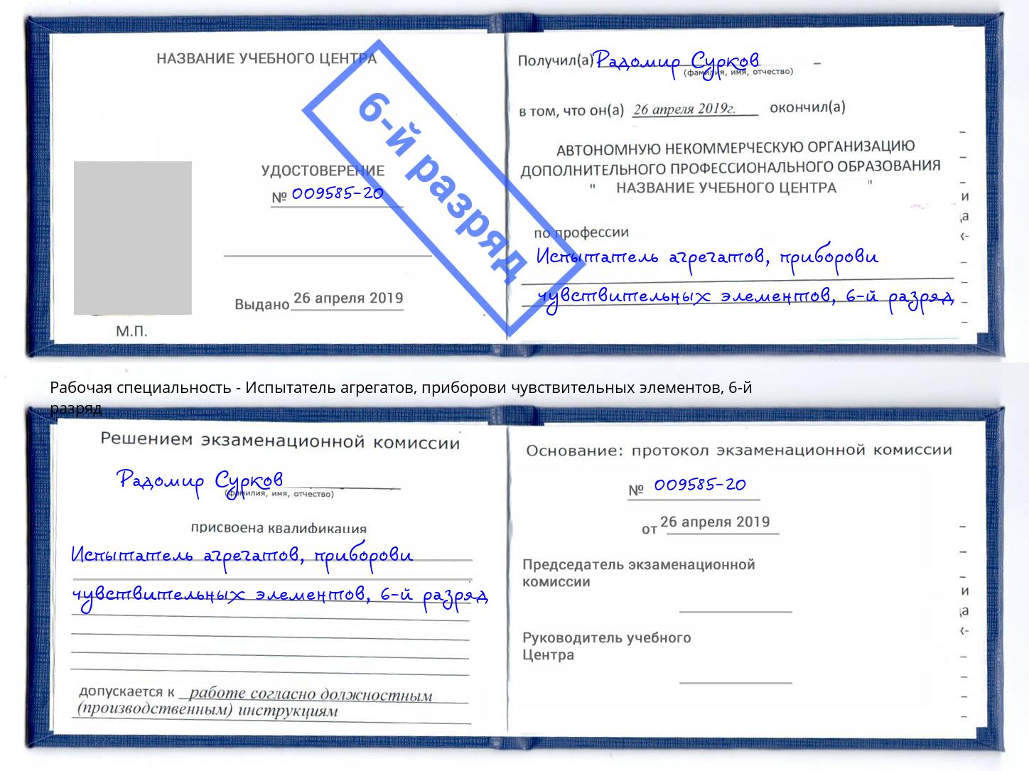 корочка 6-й разряд Испытатель агрегатов, приборови чувствительных элементов Троицк