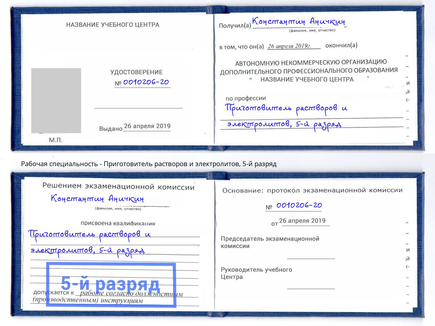 корочка 5-й разряд Приготовитель растворов и электролитов Троицк