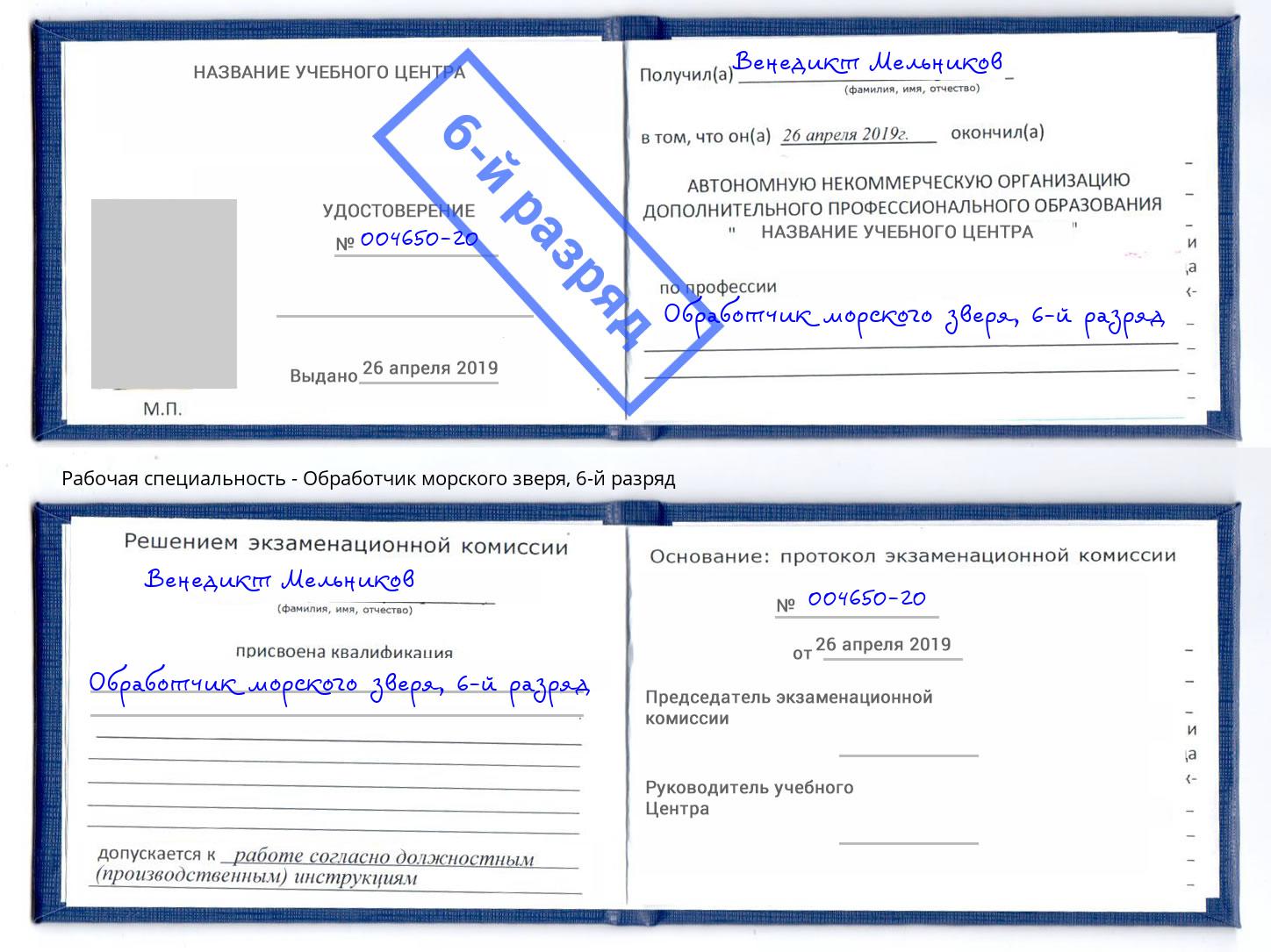 корочка 6-й разряд Обработчик морского зверя Троицк