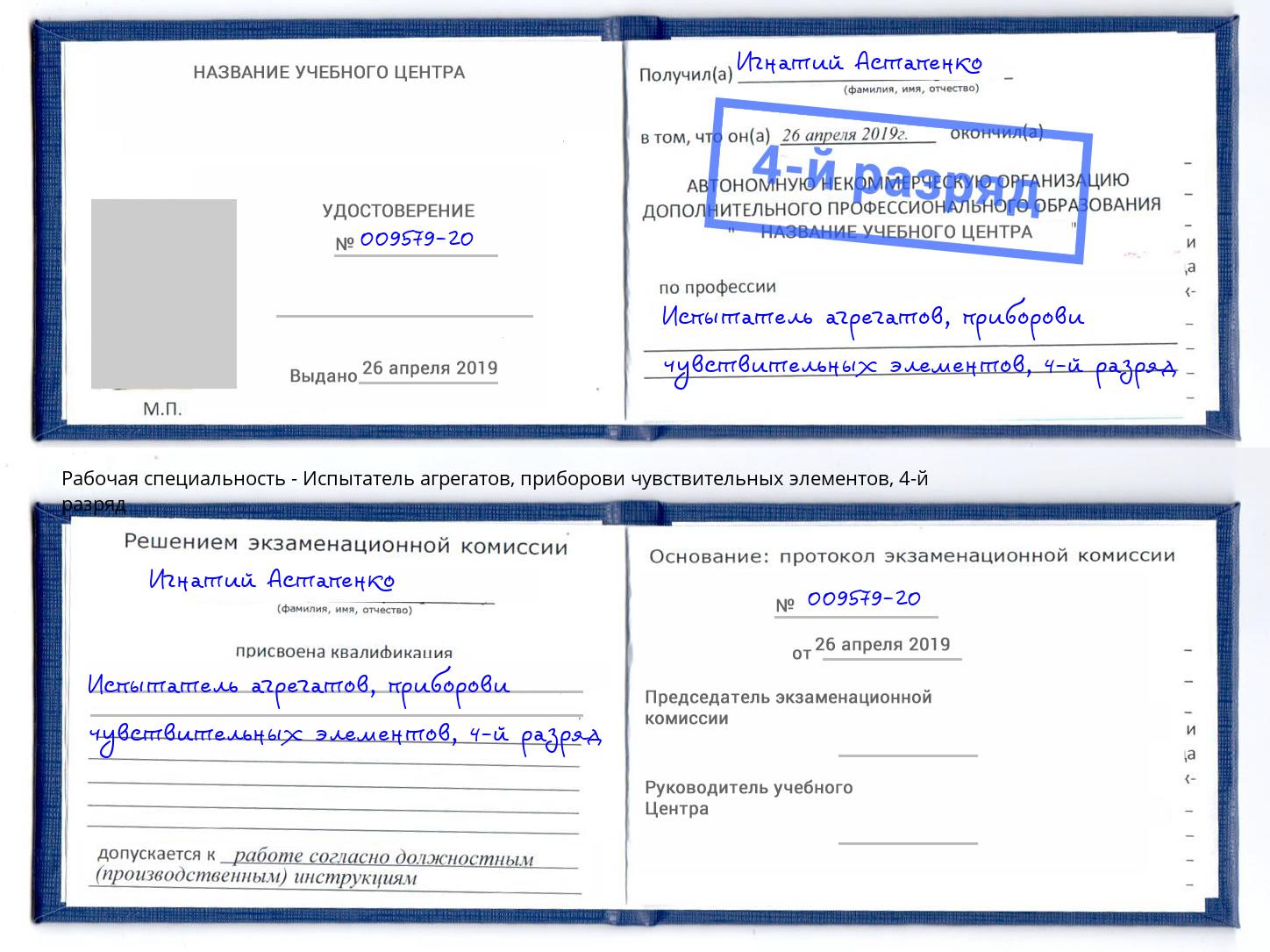 корочка 4-й разряд Испытатель агрегатов, приборови чувствительных элементов Троицк