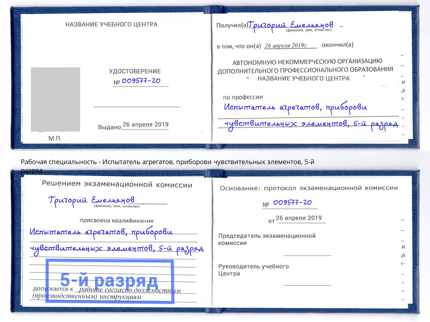 корочка 5-й разряд Испытатель агрегатов, приборови чувствительных элементов Троицк