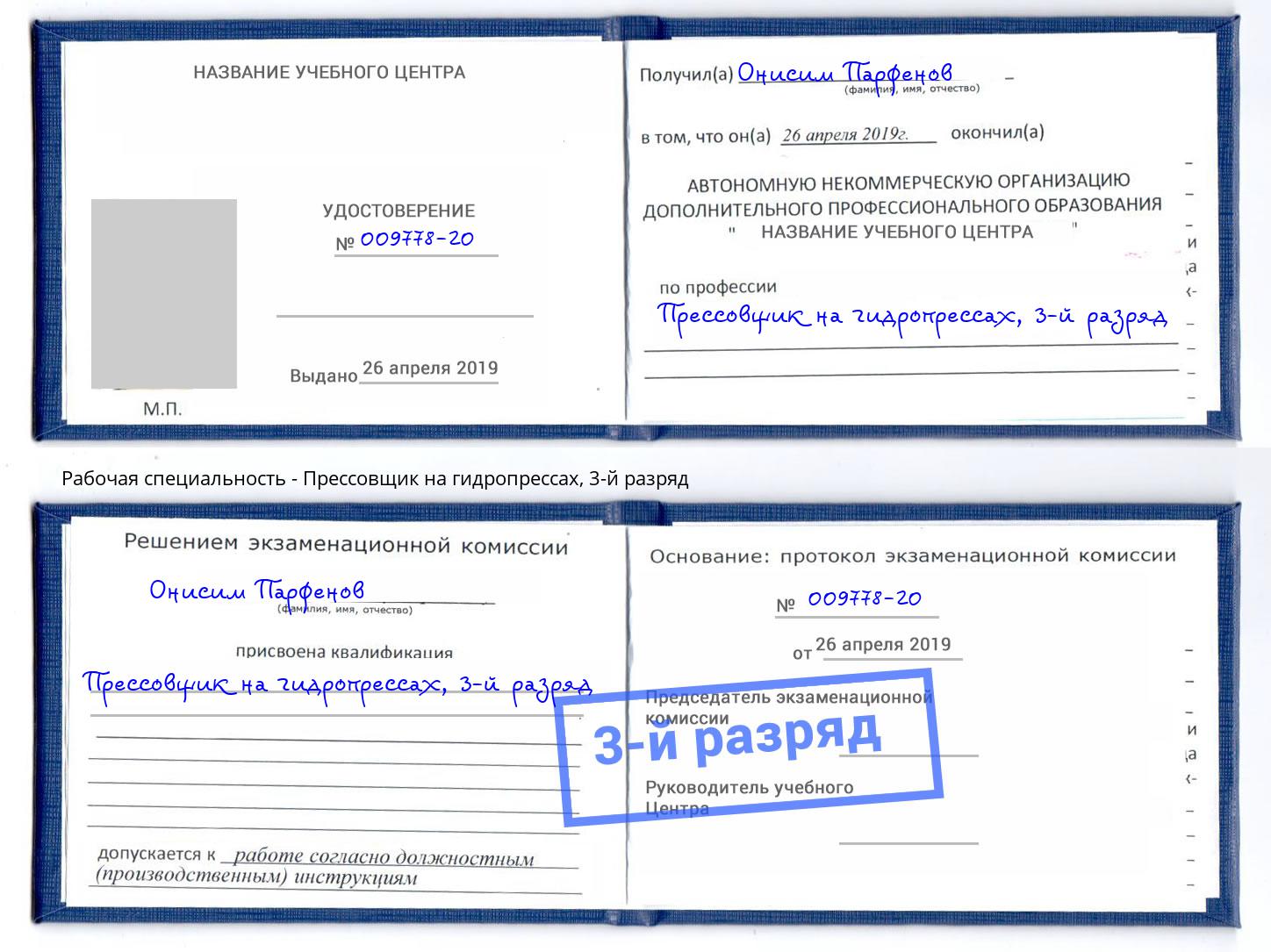 корочка 3-й разряд Прессовщик на гидропрессах Троицк