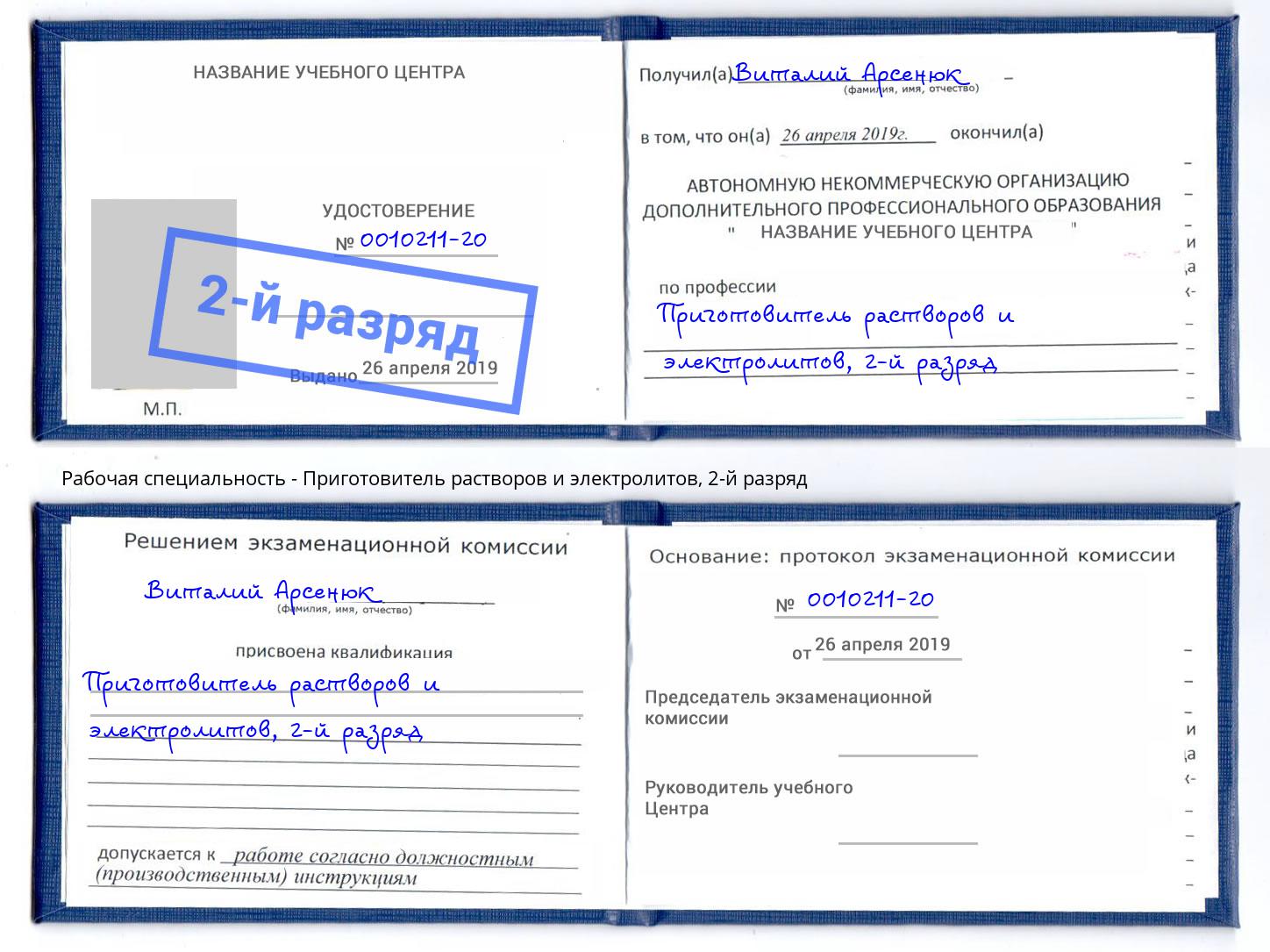 корочка 2-й разряд Приготовитель растворов и электролитов Троицк
