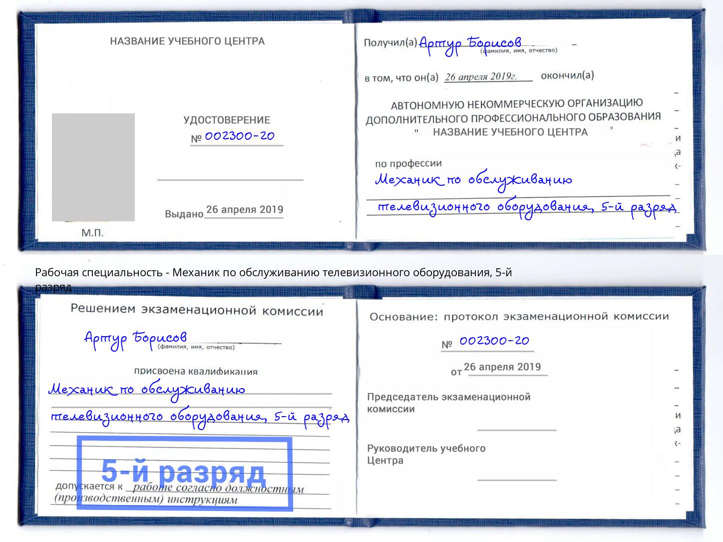 корочка 5-й разряд Механик по обслуживанию телевизионного оборудования Троицк