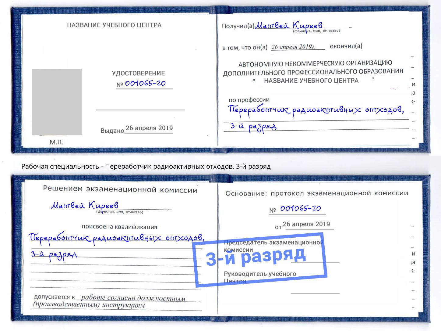 корочка 3-й разряд Переработчик радиоактивных отходов Троицк