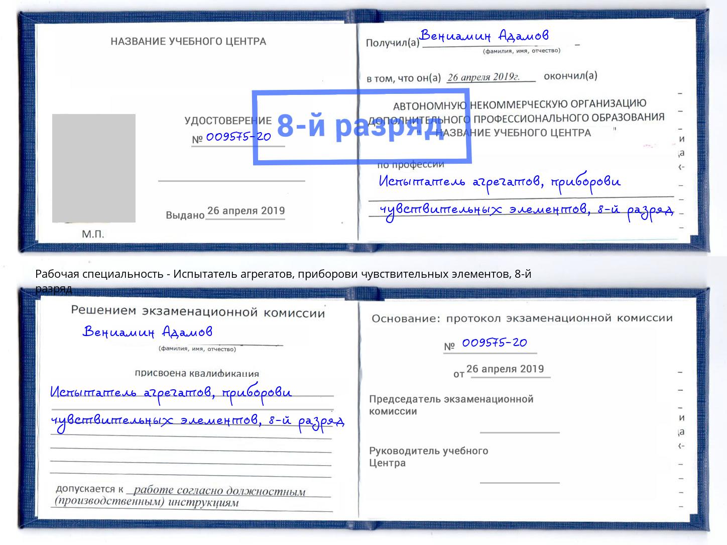 корочка 8-й разряд Испытатель агрегатов, приборови чувствительных элементов Троицк